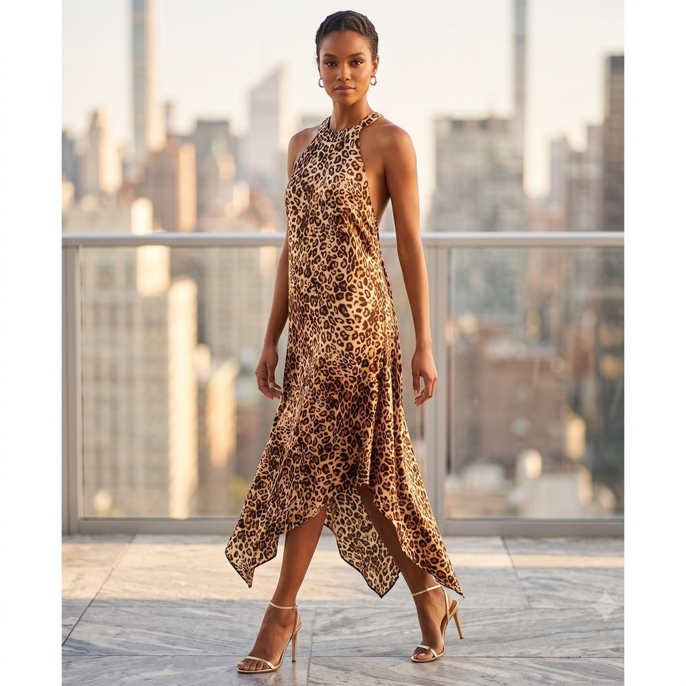 Y2K Halter Maxi Dress Size L Cheetah Animal Print Hi Low Romantic Party Sexy